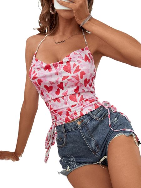 heart print drawstring side draped front pearl halter p47c#, White
