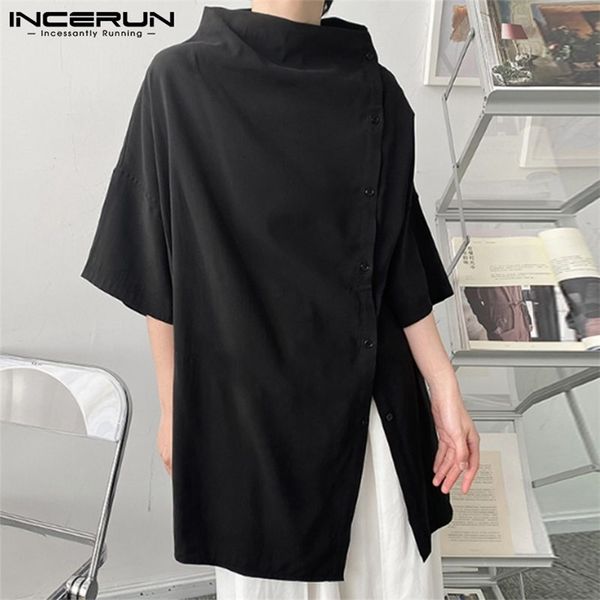 men casual shirt solid color turtleneck half sleeve streetwear camisa masculina fashion button up personality incerun 220810, White;black
men casual shirt solid color turtleneck half sleeve streetwear camisa masculina fashion button up personality incerun 220810, White;black