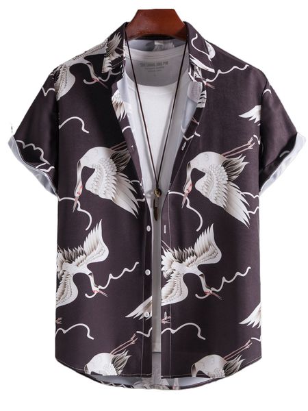 men random crane print shirt without tee m1oo#, White;black 
men random crane print shirt without tee m1oo#, White;black