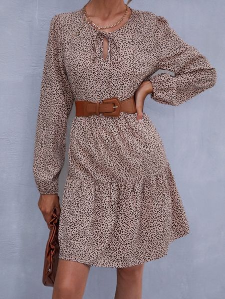 leopard tie neck ruffle hem smock dress without belt 59hn#, Black;gray
leopard tie neck ruffle hem smock dress without belt 59hn#, Black;gray