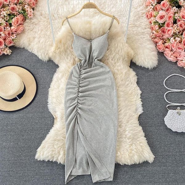 chain spaghetti strap v-neck sleeveless summer dress women solid slim pleated split midi calf party casual streetwear, White
chain spaghetti strap v-neck sleeveless summer dress women solid slim pleated split midi calf party casual streetwear, White