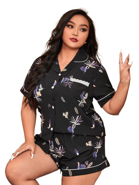 plus bird & tropical print contrast lace pj set 40iu#, Black;white
