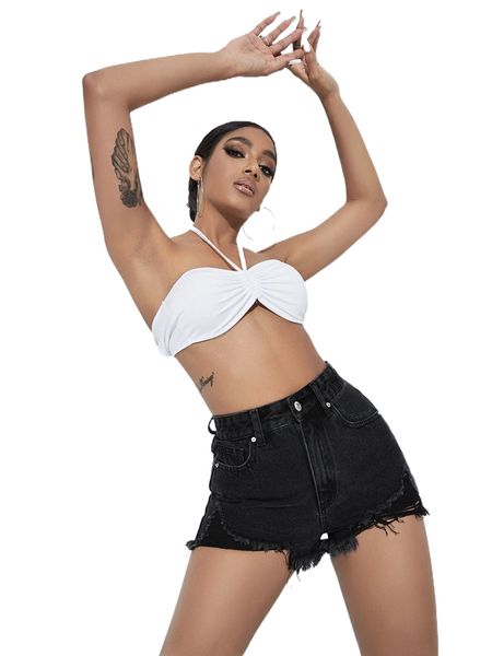 ripped raw hem denim shorts 37bo#, White;black