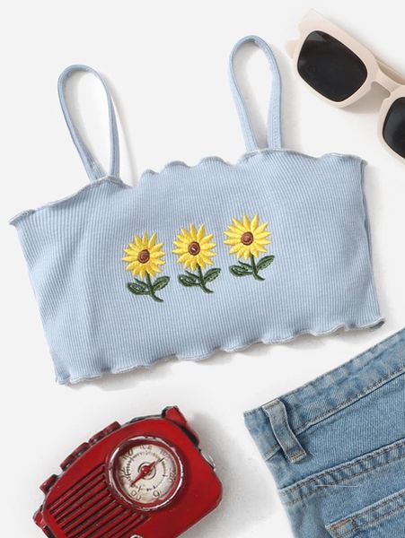 baby embroidery floral lettuce trim crop cami she, Blue
