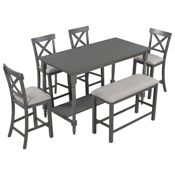 dining room furniture 6-pieces counter height dining set with shelf 4 chairs and bench for diningroom gray