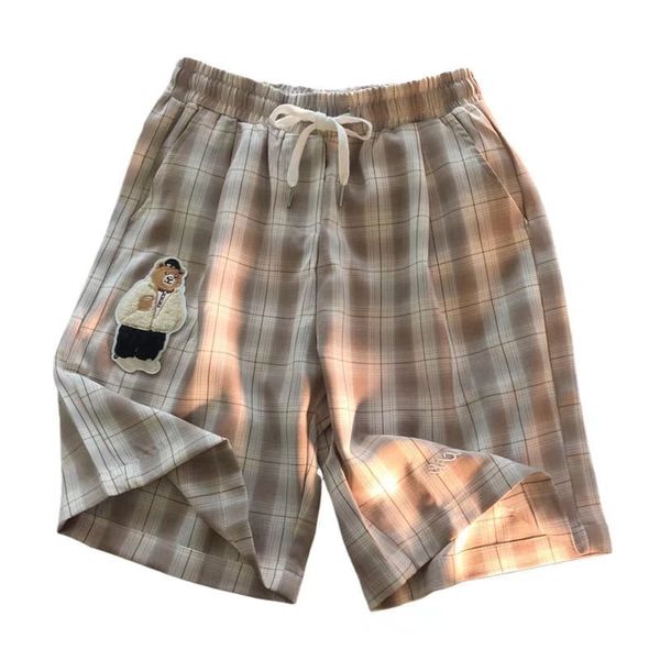 men's shorts preppy plaid sports summer loose hiphop korean high-waisted students bear embroidery half wide-leg pants, White;black
men's shorts preppy plaid sports summer loose hiphop korean high-waisted students bear embroidery half wide-leg pants, White;black
