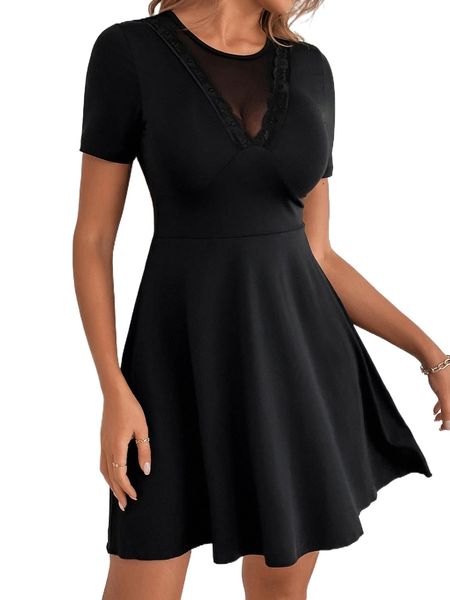 contrast mesh insert contrast lace fit and flare dress h9uh#, Black;gray