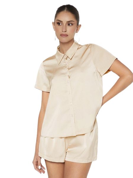 solid collar button front blouse & shorts z8bc#, White