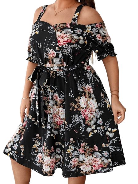 plus floral print cold shoulder dress x3cn#, Black 
plus floral print cold shoulder dress x3cn#, Black