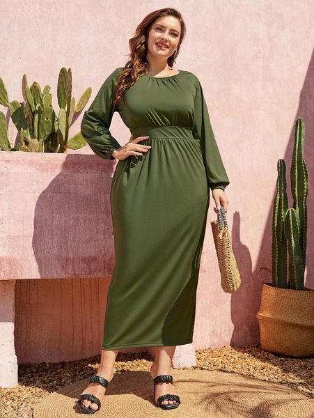 plus lantern sleeve split back dress 38yh#, Black