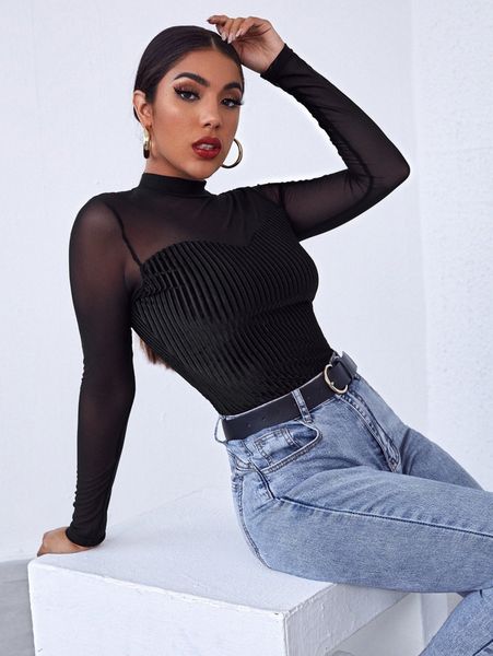 mock-neck mesh yoke velvet tee 97uj#, White 
mock-neck mesh yoke velvet tee 97uj#, White