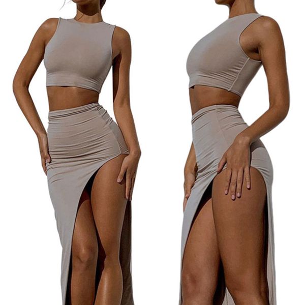 women two-piece clothes set dress solid color round collar vest and high waist split long slit skirt, Black
women two-piece clothes set dress solid color round collar vest and high waist split long slit skirt, Black