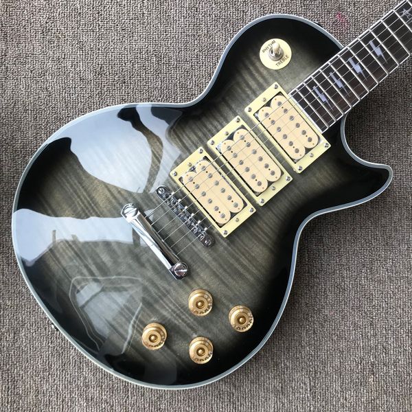 custom lp electric guitar, chrome hardware, rosewood fingerboard, transparent black flame maple 3 pickups, solid mahogany body guitar
custom lp electric guitar, chrome hardware, rosewood fingerboard, transparent black flame maple 3 pickups, solid mahogany body guitar