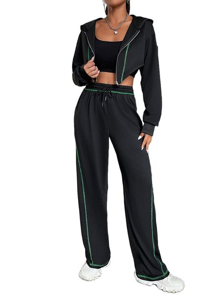 stitching drop shoulder hooded crop jacket & drawstring waist sweatpants c2zq#, White
stitching drop shoulder hooded crop jacket & drawstring waist sweatpants c2zq#, White