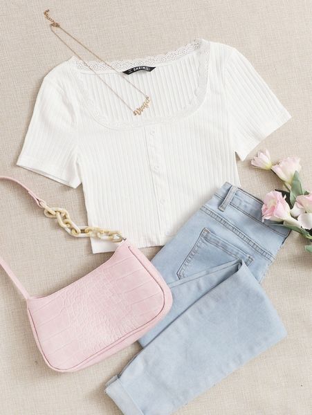 lace trim button front c9wv#, White