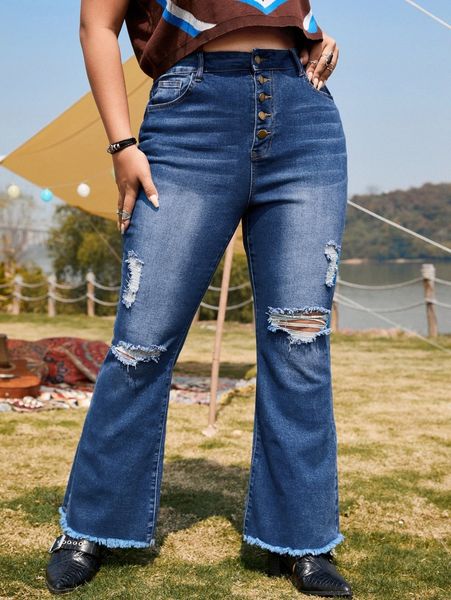 plus button fly ripped raw cut flare leg jeans r0qi#, Blue