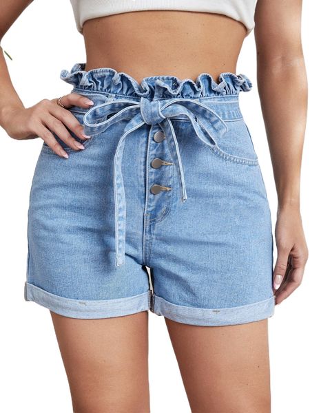paperbag waist belted denim shorts p5nv#, White;black 
paperbag waist belted denim shorts p5nv#, White;black