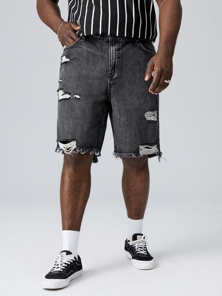 extended sizes men ripped raw cut denim shorts f1ay#, White;black
