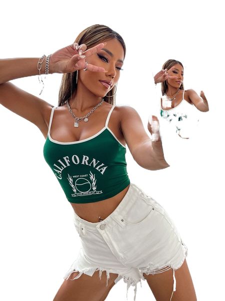 letter graphic contrast binding crop cami s35w#, White