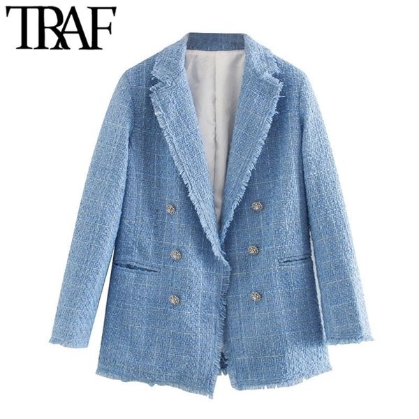 traf women fashion office wear double breasted tweed blazer coat vintage long sleeve frayed female outerwear chic 201106, White;black
traf women fashion office wear double breasted tweed blazer coat vintage long sleeve frayed female outerwear chic 201106, White;black
