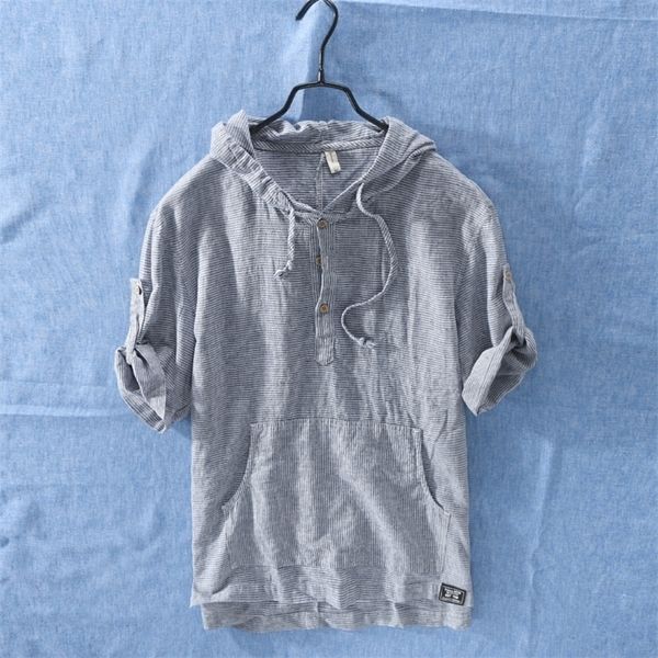 men summer fashion japan style cotton linen short sleeve hooded stripe casual tshirts student male casual tee 220611, White;black
men summer fashion japan style cotton linen short sleeve hooded stripe casual tshirts student male casual tee 220611, White;black