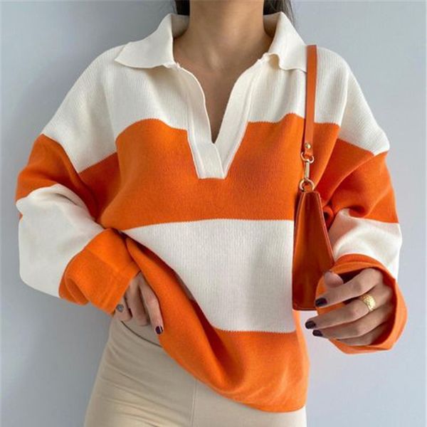 striped print loose knit pullover sweater women drop shoulder long sleeve turn down collar lady sweaters casual autumn 2021 new, White;black
striped print loose knit pullover sweater women drop shoulder long sleeve turn down collar lady sweaters casual autumn 2021 new, White;black