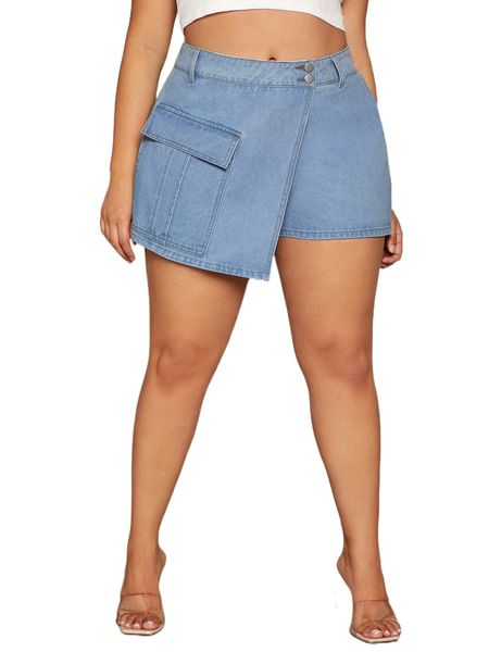 plus flap pocket wrap button denim shorts c1iz#, White;black