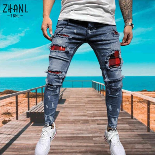 men's paint ripped jeans skinny jeans hole grid stretch denim pants casual man elastic waist patchwork jogging trousers, Blue
men's paint ripped jeans skinny jeans hole grid stretch denim pants casual man elastic waist patchwork jogging trousers, Blue