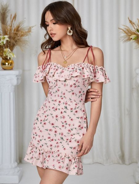 knot shoulder ruffle trim floral pattern dress h1mt#, Black;gray 
knot shoulder ruffle trim floral pattern dress h1mt#, Black;gray
