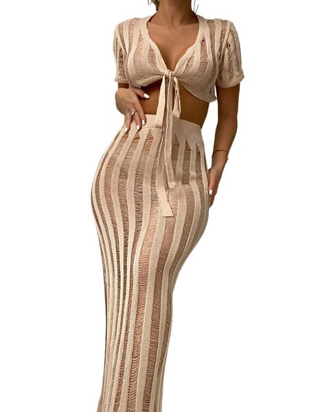 striped knot cover up with skirt set x2bo#, White;black