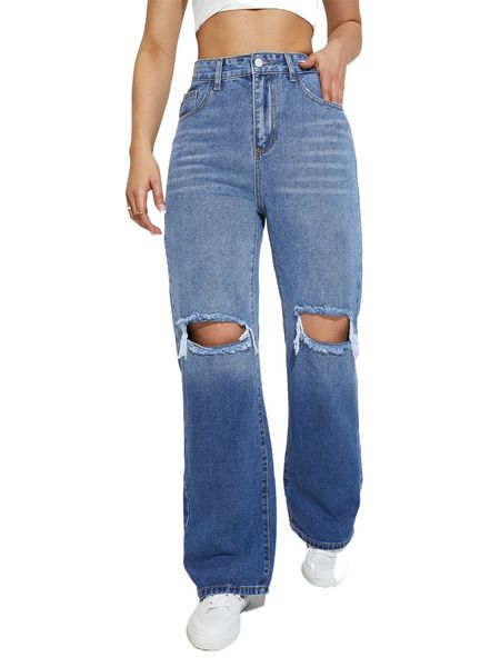 high waist ombre ripped frayed cat whisker wide leg jeans a34l#, Blue
high waist ombre ripped frayed cat whisker wide leg jeans a34l#, Blue