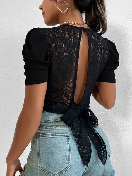puff sleeve split tie back crop d44k#, White