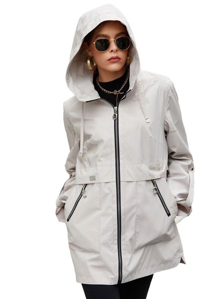 hailuozi solid zipper front hooded windbreaker coat a3h5#, Black;brown