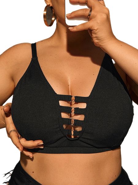 plus rib-knit o-ring cut out bikini q0lc#, Black 
plus rib-knit o-ring cut out bikini q0lc#, Black