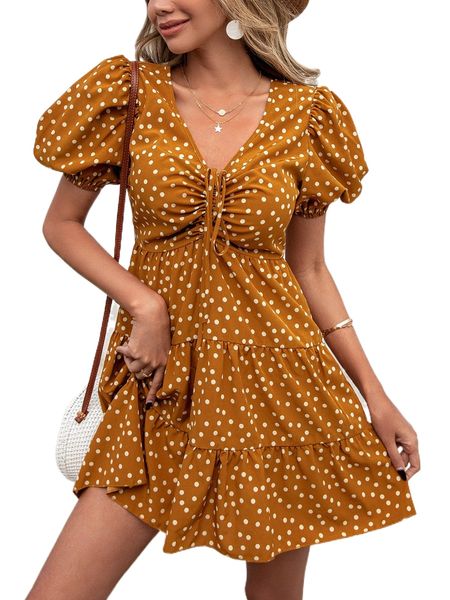polka dot print drawstring puff sleeve ruffle hem dress t3gi#, Black;gray 
polka dot print drawstring puff sleeve ruffle hem dress t3gi#, Black;gray