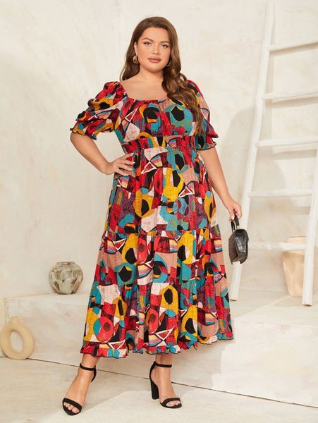 plus geo print shirred waist puff sleeve ruffle hem dress x0av#, Black 
plus geo print shirred waist puff sleeve ruffle hem dress x0av#, Black