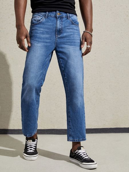 men slant pocket straight leg jeans 382z#, Blue