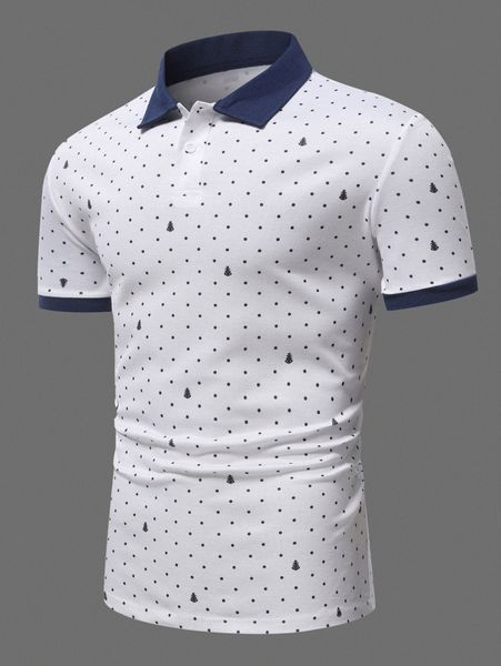 men anchor & polka dot print contrast collar polo shirt c31f#, White;black 
men anchor & polka dot print contrast collar polo shirt c31f#, White;black