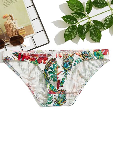 men random pineapple & tropical print brief g0mq#, Black;brown