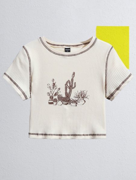 x haley baker cactus print contrast stitch rib-knit tee d291#, White
x haley baker cactus print contrast stitch rib-knit tee d291#, White