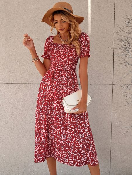 square neck ditsy floral dress l8xf#, Black;gray