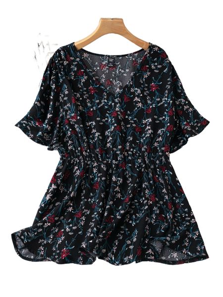 plus floral print v-neck peplum blouse w5gm#, Black