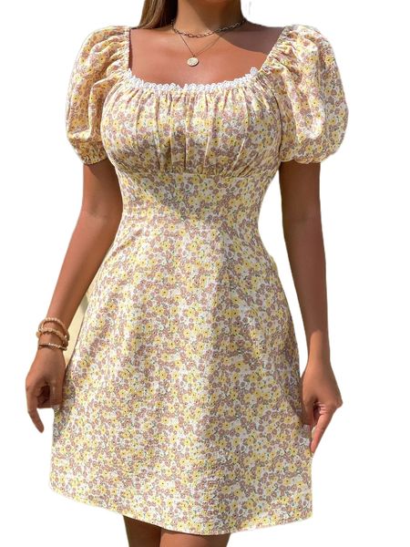 ditsy floral frilled ruched bust puff sleeve dress 02rh#, Black;gray