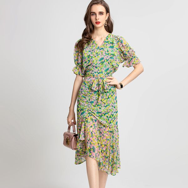 women's runway two piece dress v neck short sleeves printed blouse with asymmetrical ruffles skirt fashion twinsets, White
women's runway two piece dress v neck short sleeves printed blouse with asymmetrical ruffles skirt fashion twinsets, White