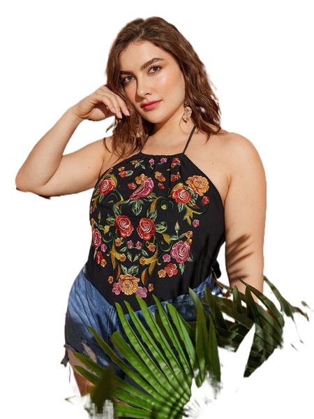 plus floral embroidery halter f3uj#, Black