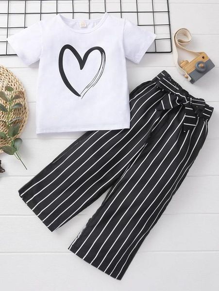 toddler girls heart print tee & striped belted pants she, White