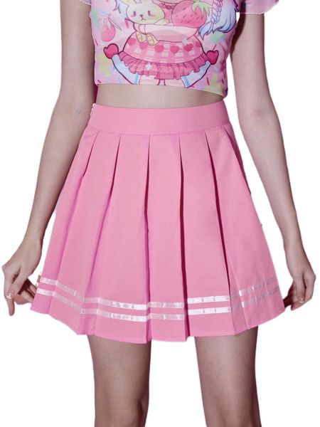 romwe anime varsity striped pleated skirt a2sj#, Black 
romwe anime varsity striped pleated skirt a2sj#, Black