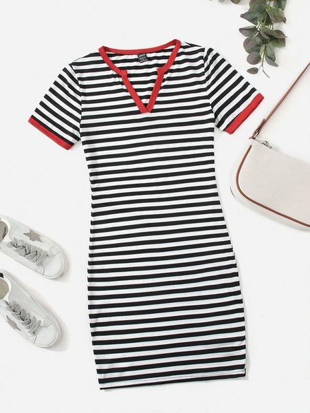 notch neck striped dress f9va#, Black;gray
notch neck striped dress f9va#, Black;gray