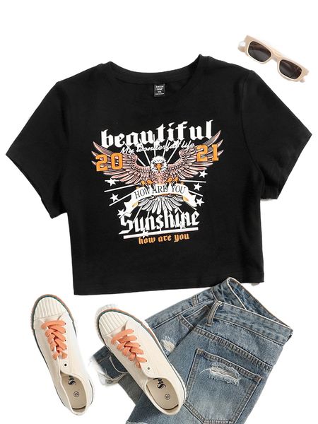 plus eagle & slogan graphic tee b1si#, Black 
plus eagle & slogan graphic tee b1si#, Black