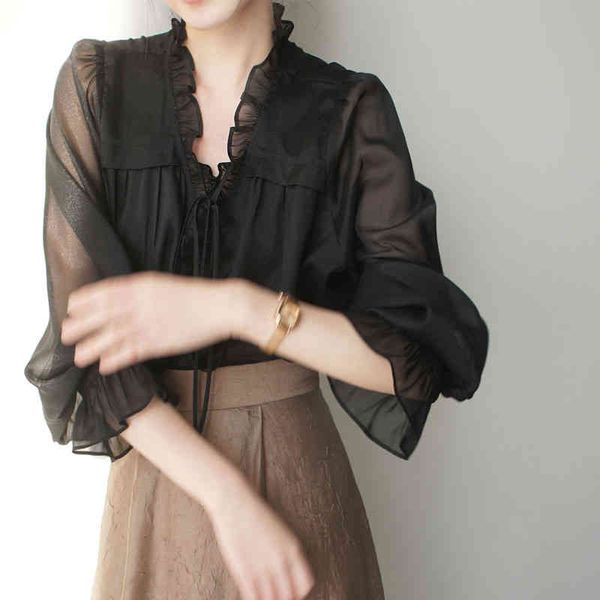 women's blouses & shirts fahua black v-neck ruffle edge perspective lace up lantern sleeve mystery inside long sleeve shirt large body, White
women's blouses & shirts fahua black v-neck ruffle edge perspective lace up lantern sleeve mystery inside long sleeve shirt large body, White